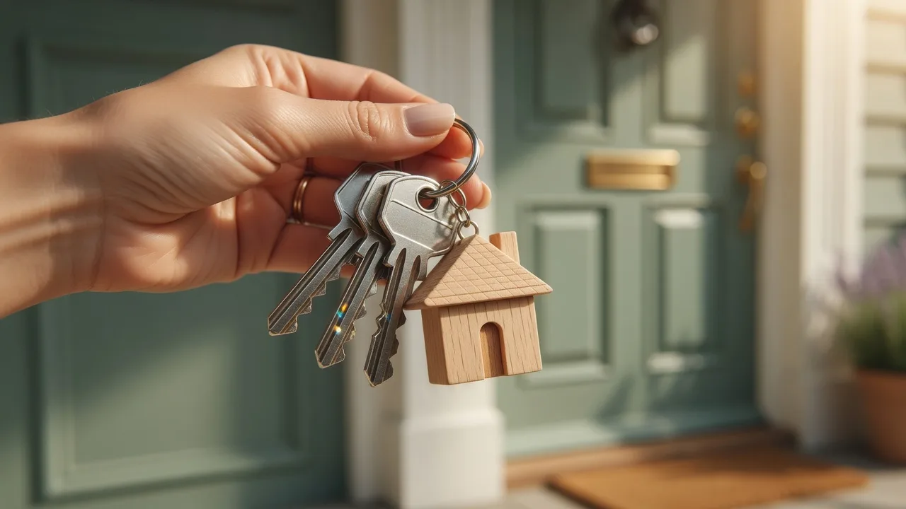 A hand holding house keys with a welcoming front door in the background, representing the homebuying process