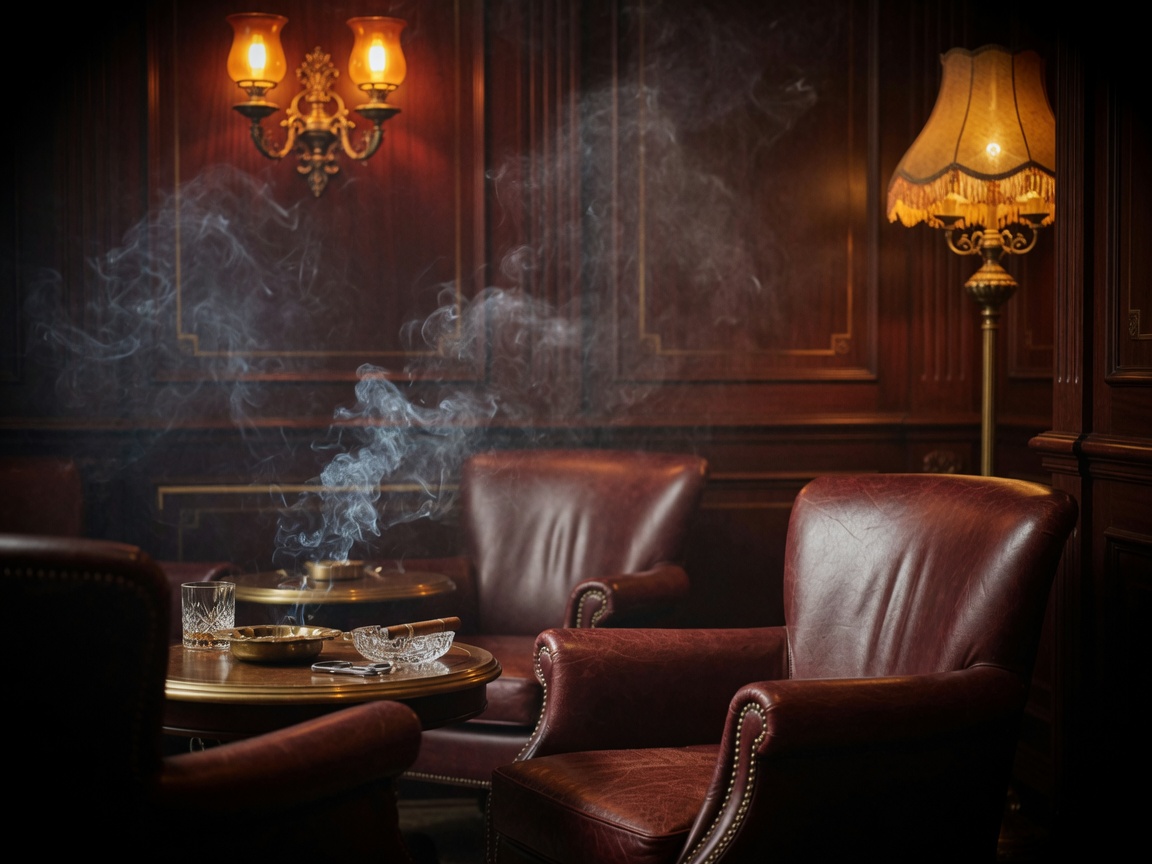 Upscale cigar lounge with warm ambient lighting and leather chairs