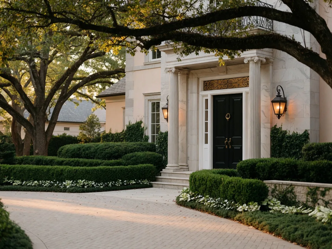Luxury home entrance with stone facade and manicured landscaping