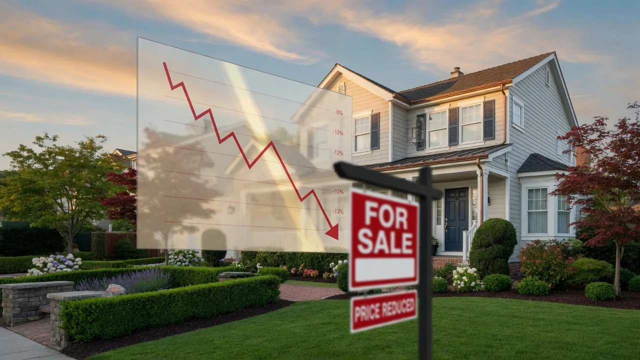 A suburban home with a For Sale sign and a price reduction graph overlay, illustrating overpricing mistakes