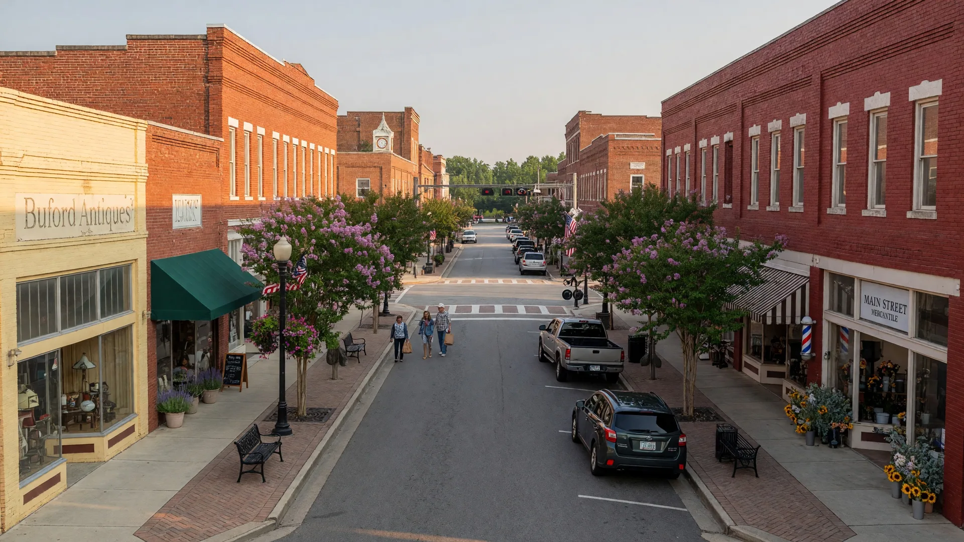 Downtown Buford Georgia with historic Main Street and local shops