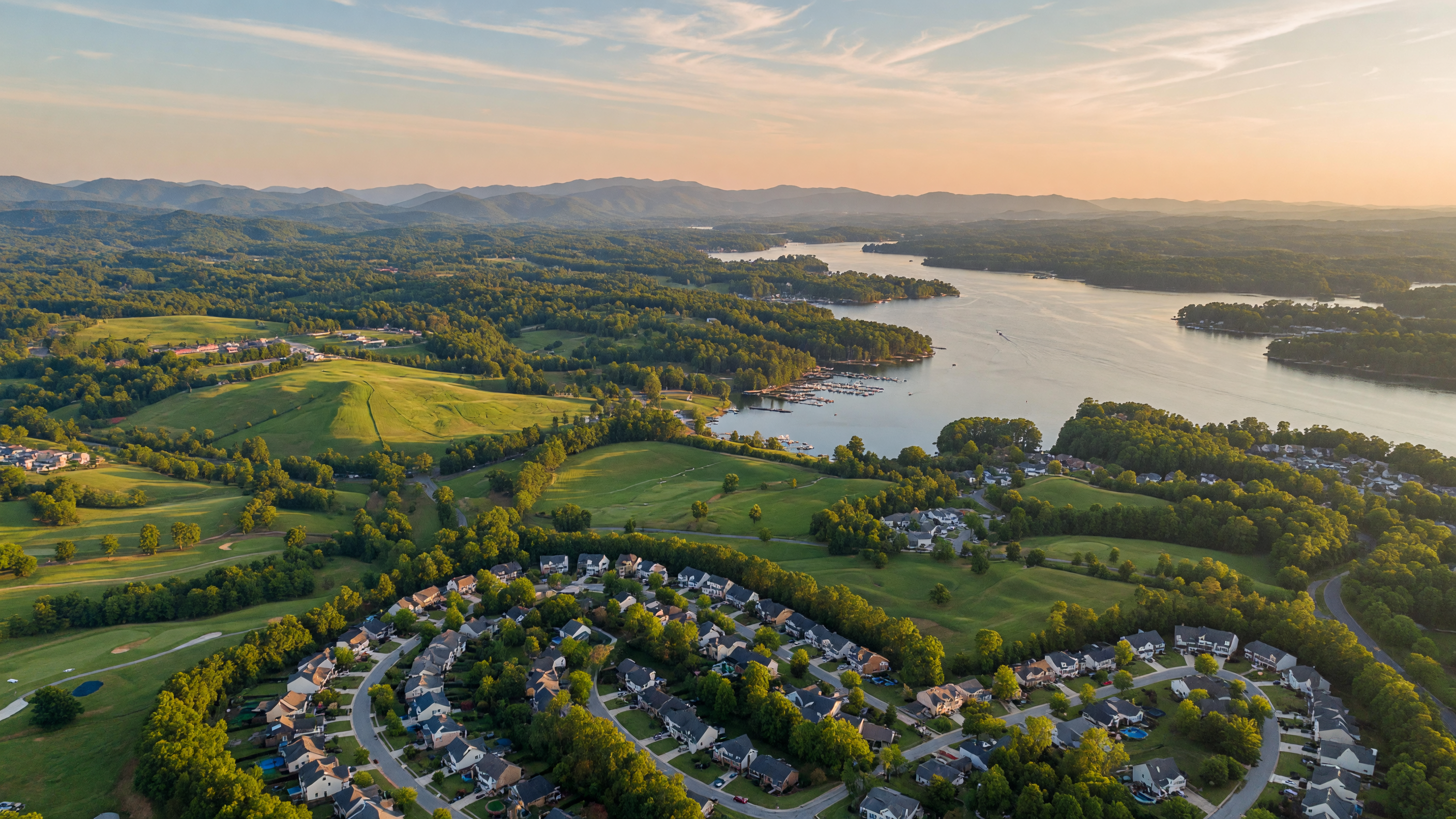 Cumming Georgia with rolling hills and Lake Lanier in background