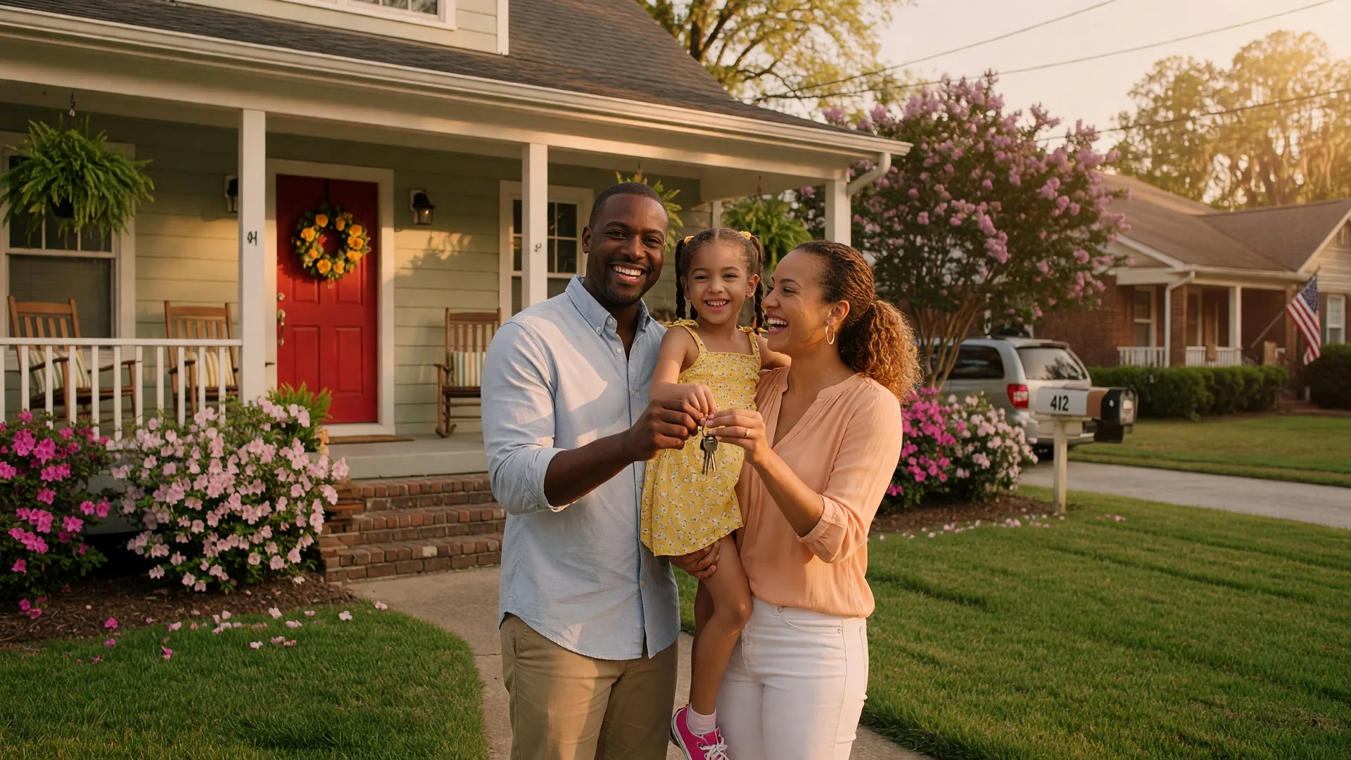 A happy family standing in front of their new home holding keys, celebrating the achievement of homeownership
