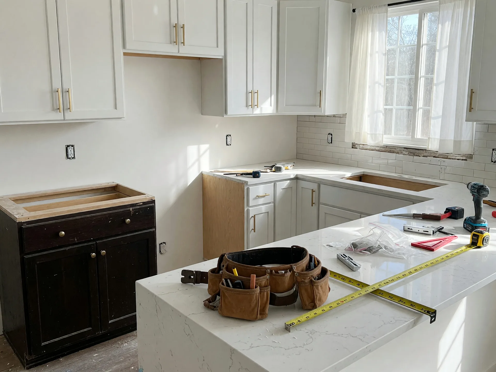 A modern kitchen renovation in progress with new quartz countertops, cabinet updates, and a tool belt on the counter