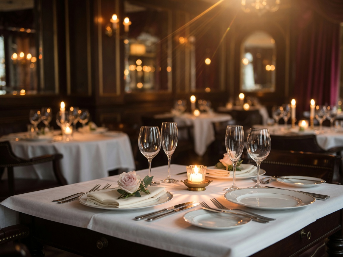 Elegant fine dining table setting with candlelight and crystal glassware