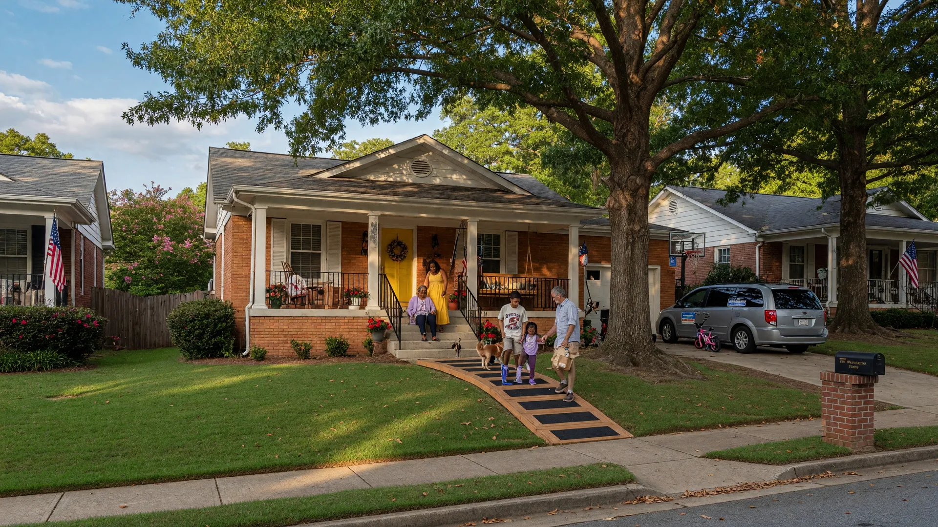 A welcoming single-story home in a suburban Atlanta neighborhood with mature shade trees, a front porch, and accessibility features, ideal for multigenerational living