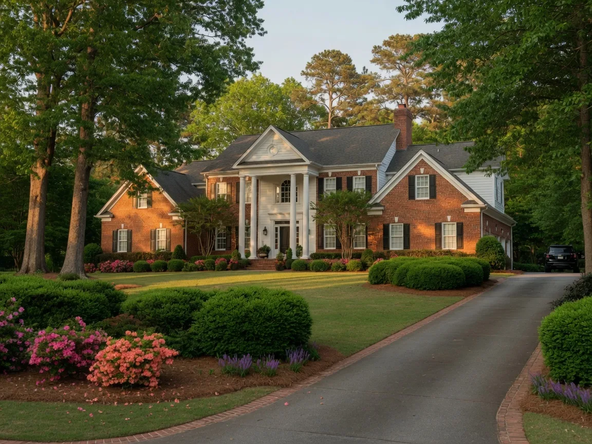 Traditional brick home on a large lot in Atlanta Country Club Estates with established trees and landscaping