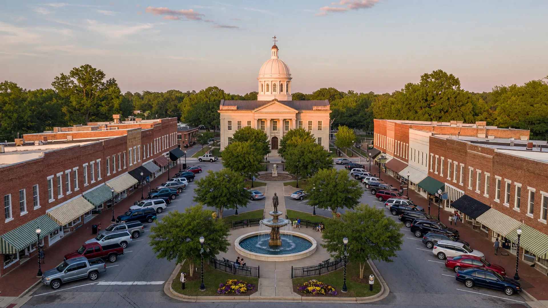 Aerial view of McDonough Georgia downtown square and surrounding neighborhoods