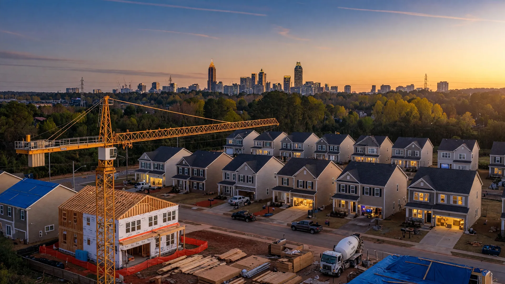 New construction homes being built in a Metro Atlanta suburb with the city skyline visible in the background