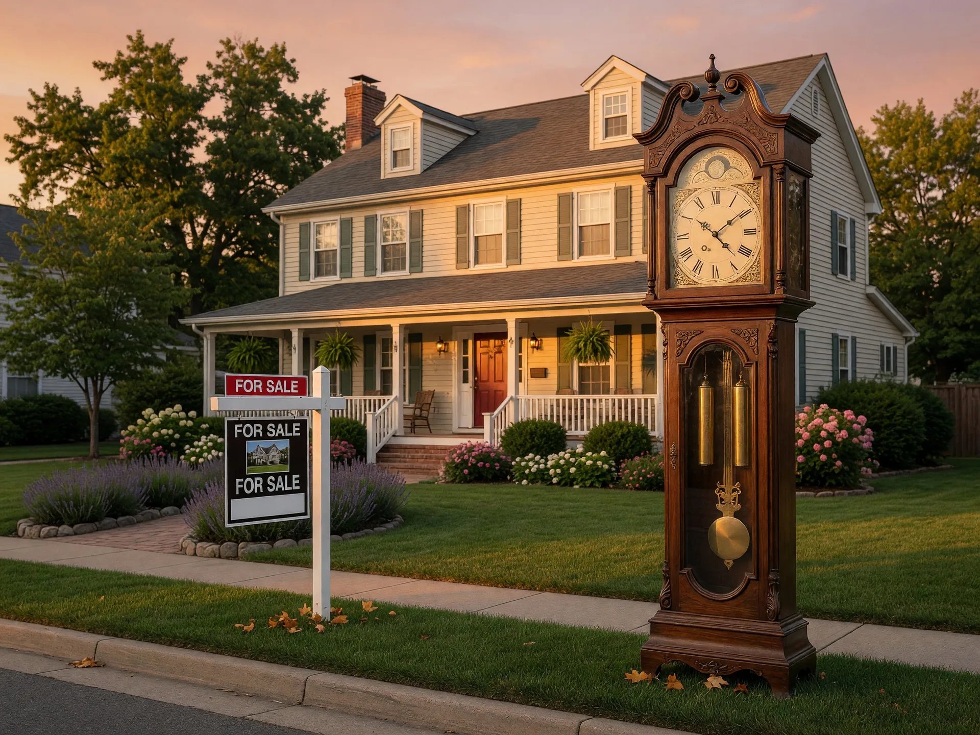 A suburban home with a For Sale sign in the front yard and a large clock suggesting the timing of when to sell