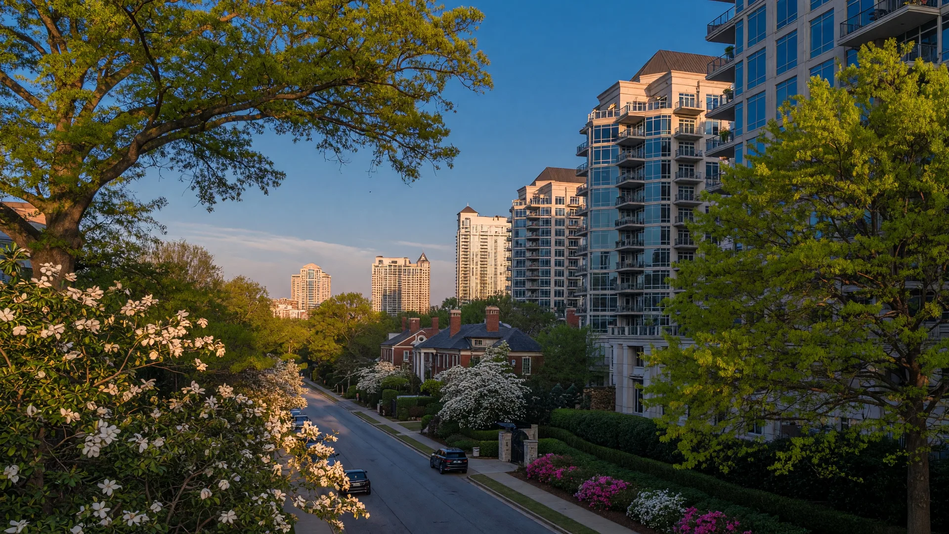 Buckhead Atlanta skyline with luxury high-rise condos and tree-lined streets along Peachtree Road