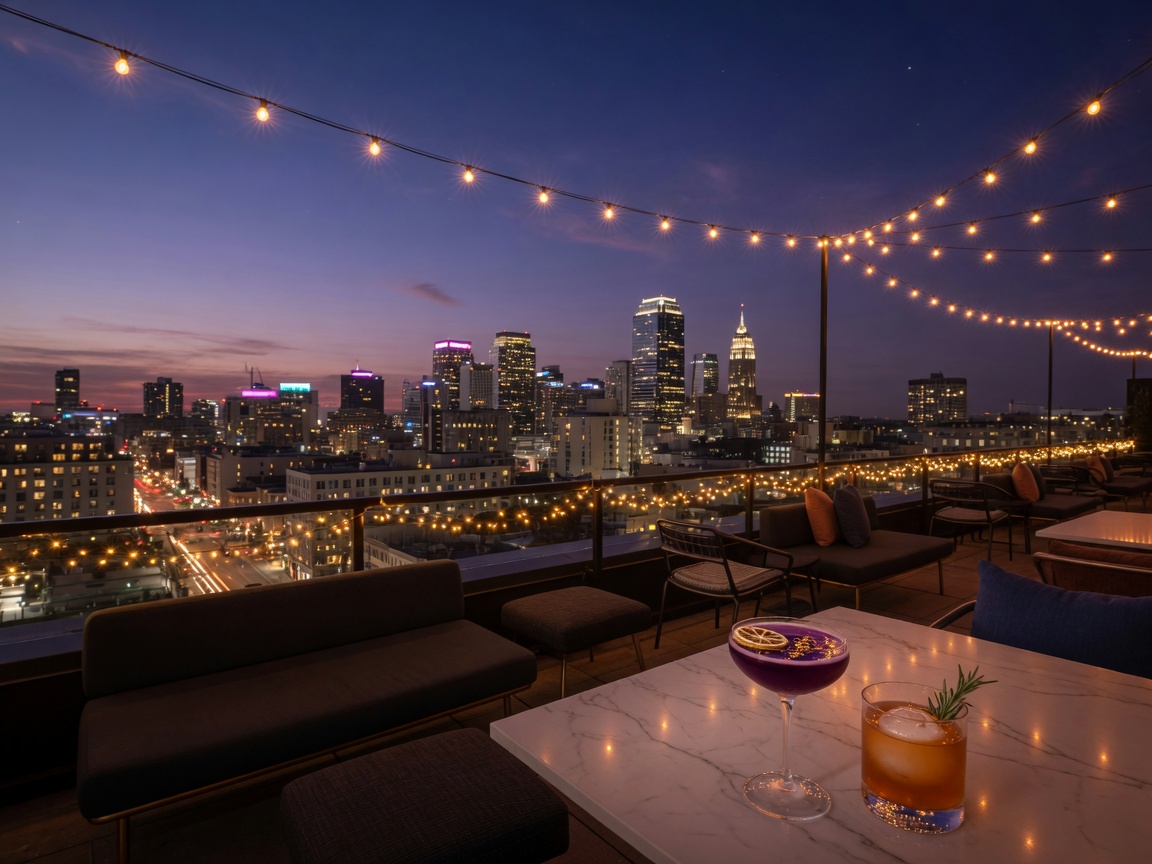 Rooftop bar with city skyline view at twilight