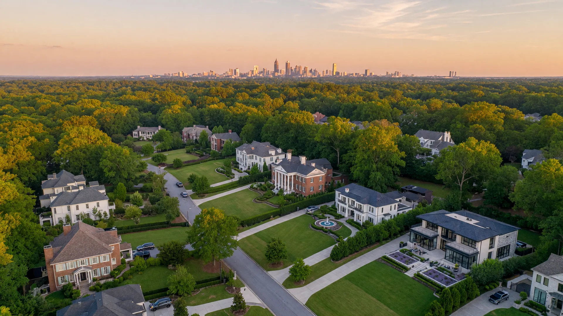 Luxury estate homes in a tree-lined Atlanta metro neighborhood