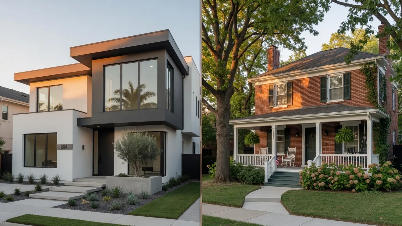 Split view of a modern new construction home and a classic traditional resale home comparing buying options in Atlanta