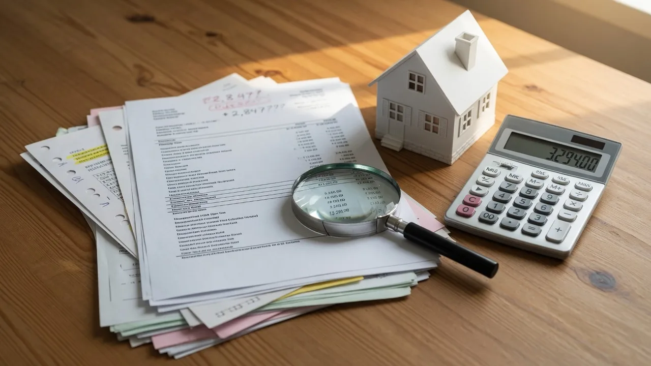 Stack of invoices and financial documents next to a model house and calculator representing unexpected home buying expenses