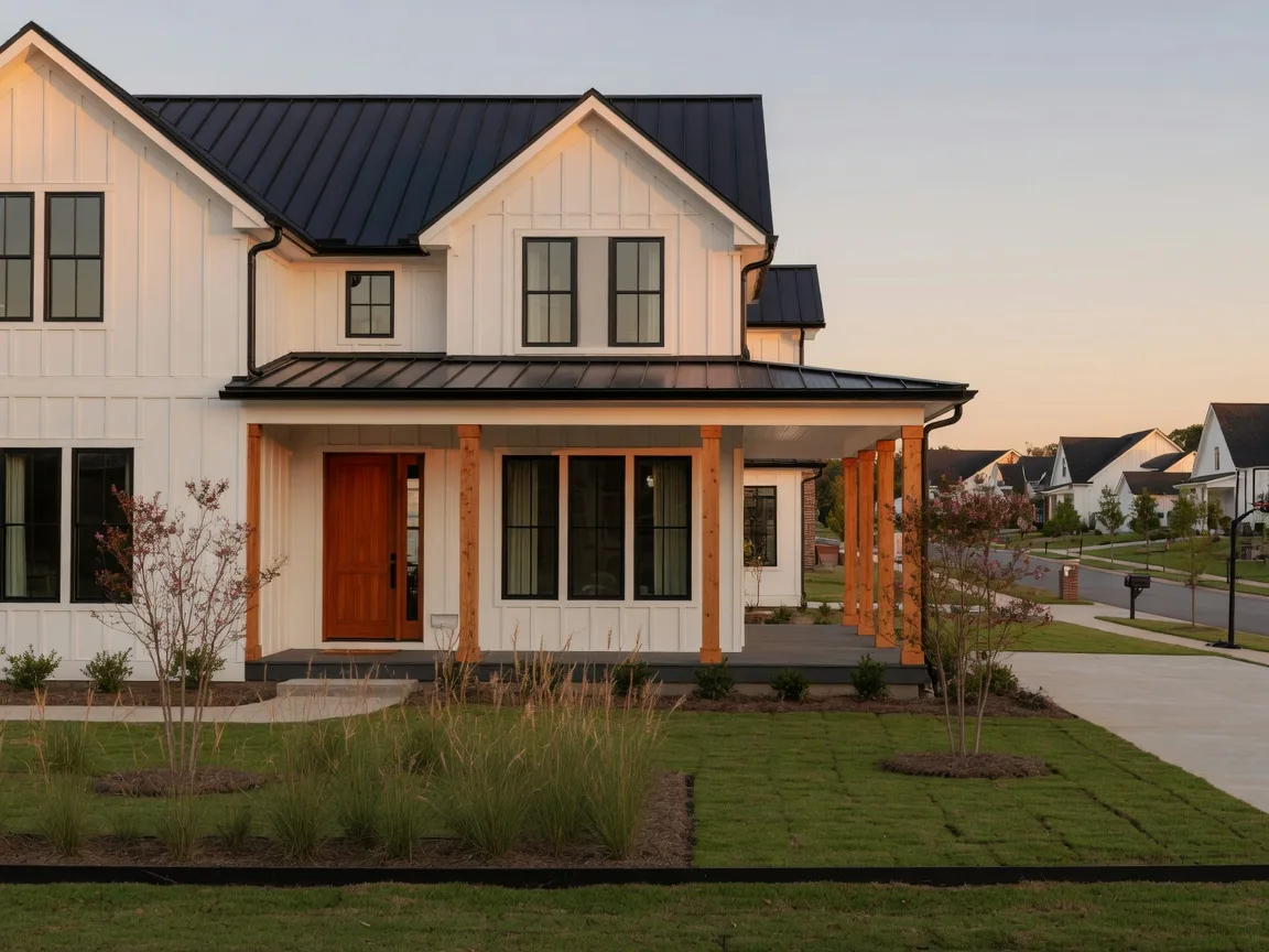 Modern farmhouse style home with board-and-batten siding and black window frames