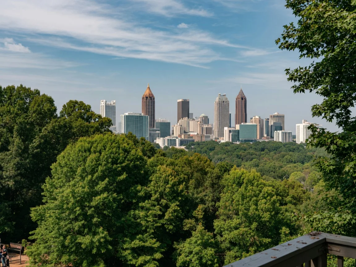 Atlanta skyline visible beyond tree canopy