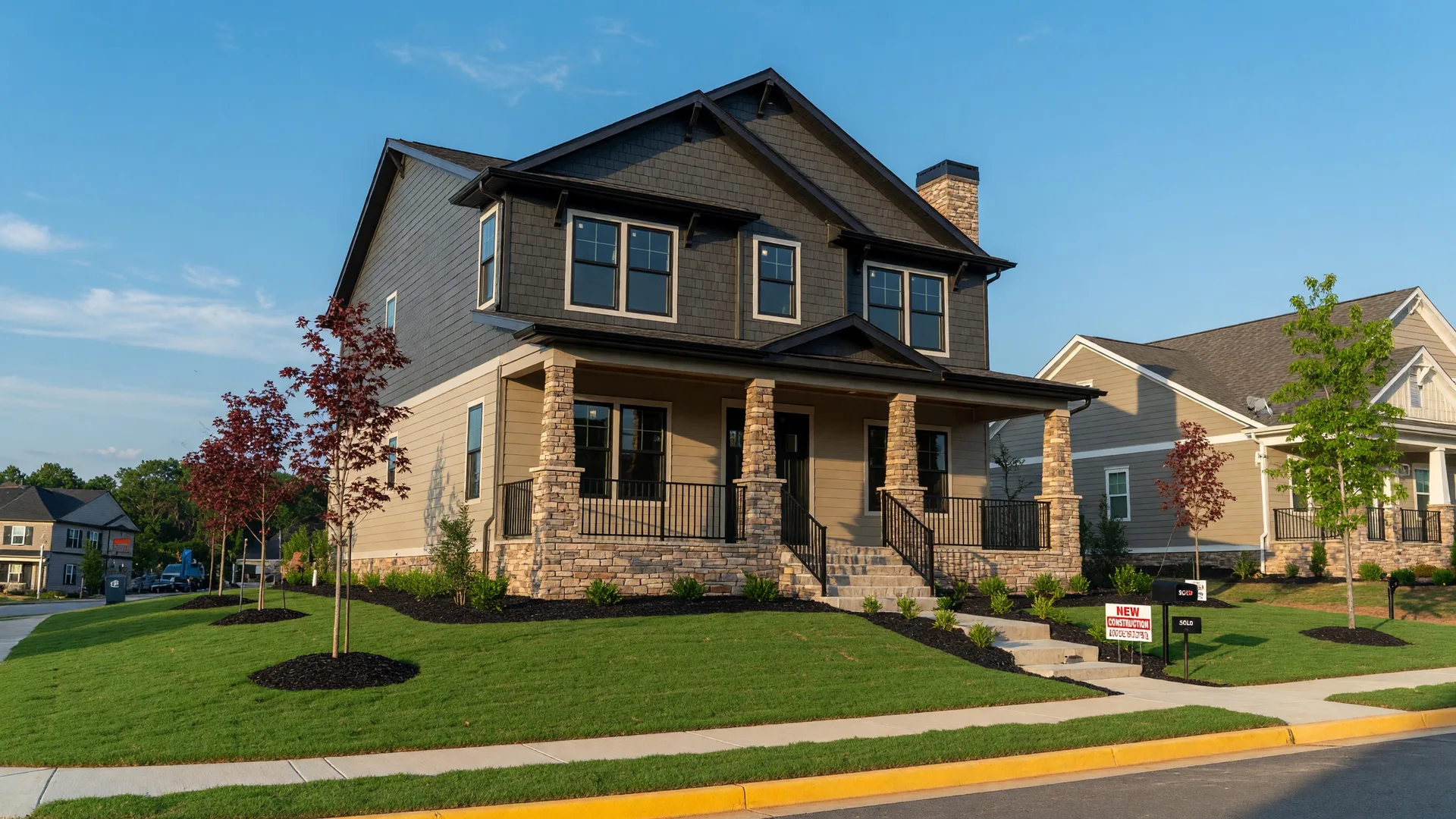 A beautiful new construction home in an Atlanta suburb with modern craftsman architecture, manicured lawn, and a bright sunny sky