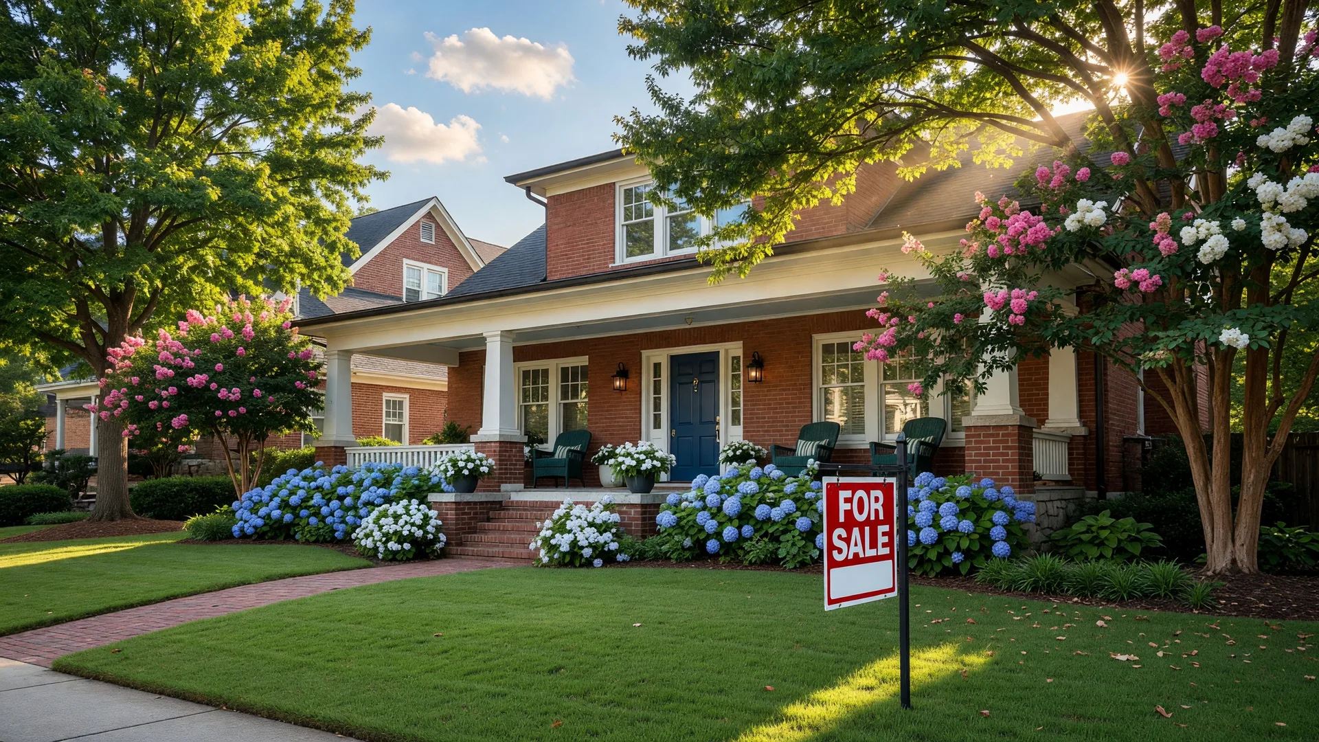 A beautifully landscaped Atlanta home with a For Sale sign on a bright summer afternoon, golden sunlight through oak trees