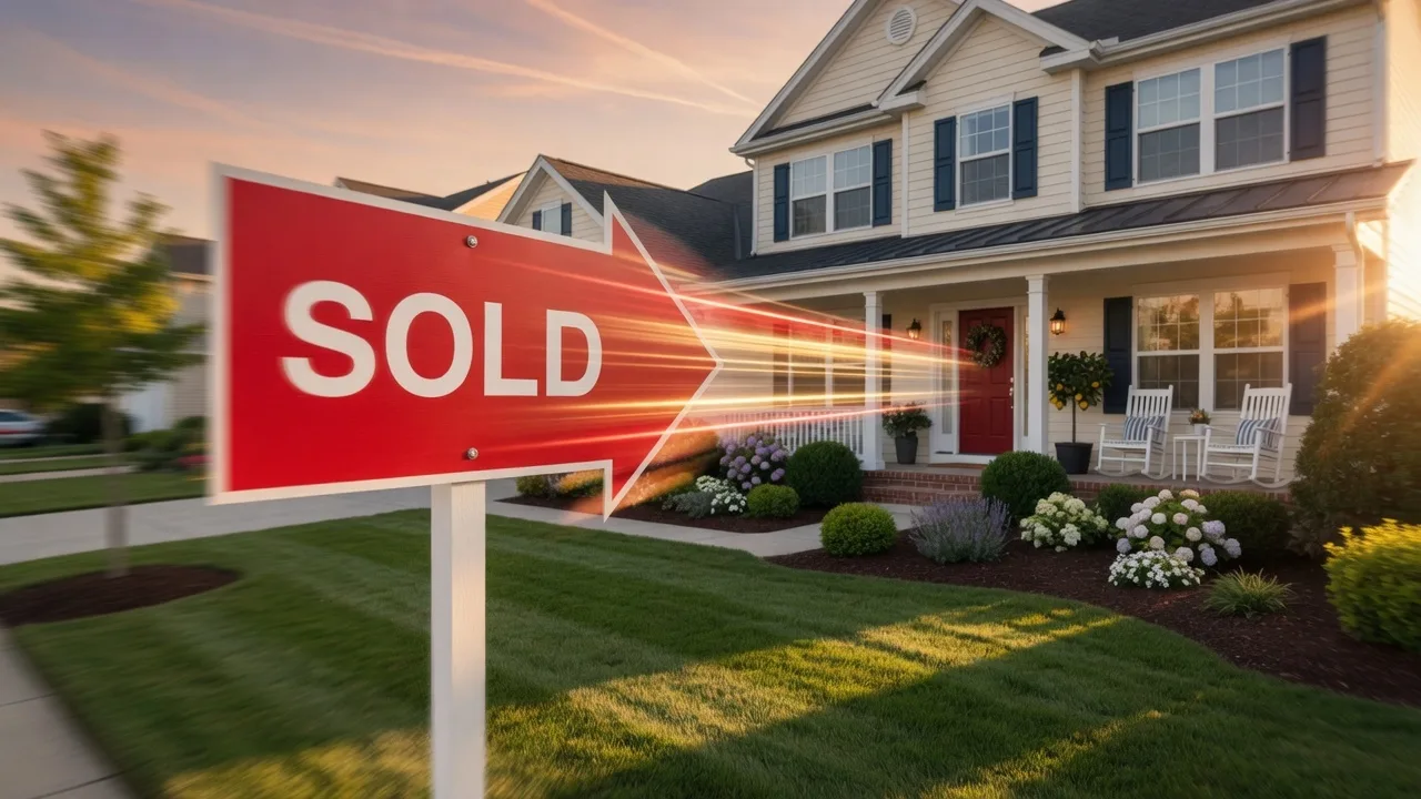 A SOLD sign in front of a beautiful home with dynamic light effects suggesting speed and momentum