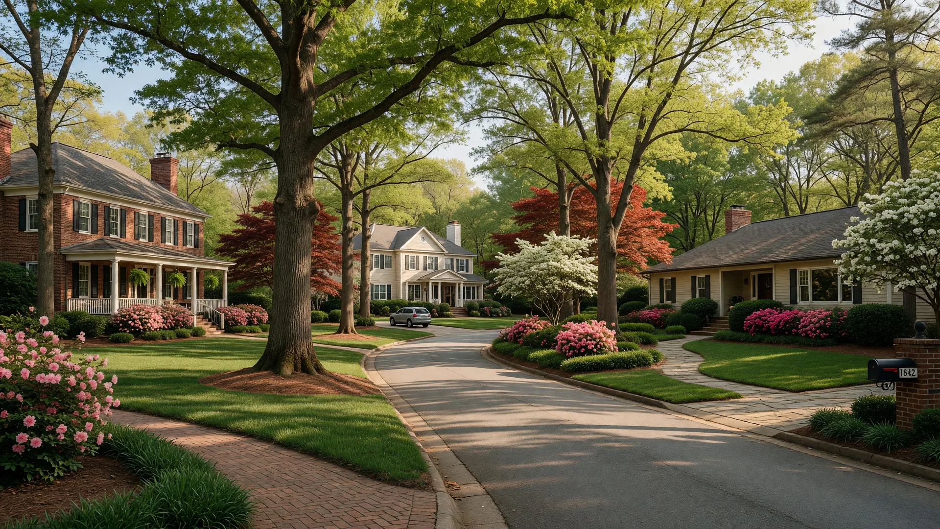 Tree-lined residential street in Atlanta Country Club Estates with large traditional homes on generous lots