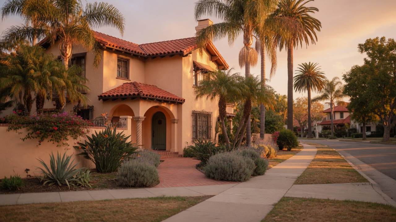 A Spanish-style home in a quiet Los Angeles neighborhood at golden hour