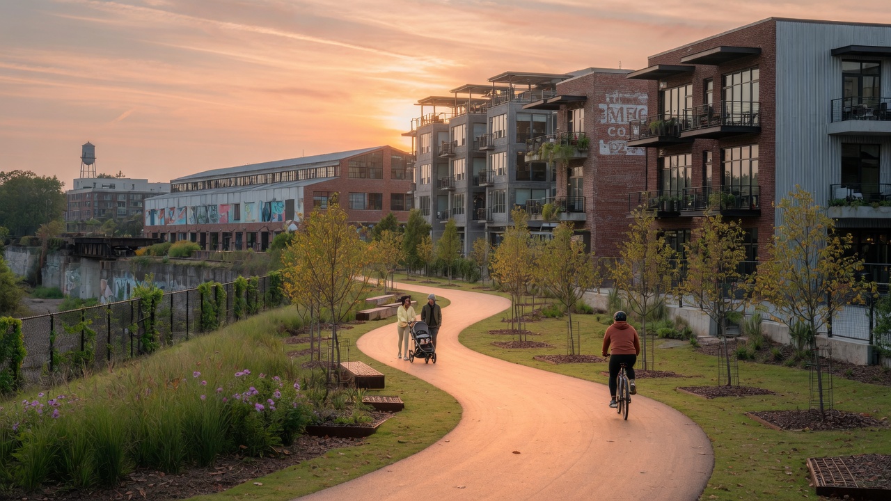 Atlanta BeltLine Westside Trail passing through West Midtown with modern developments in the background