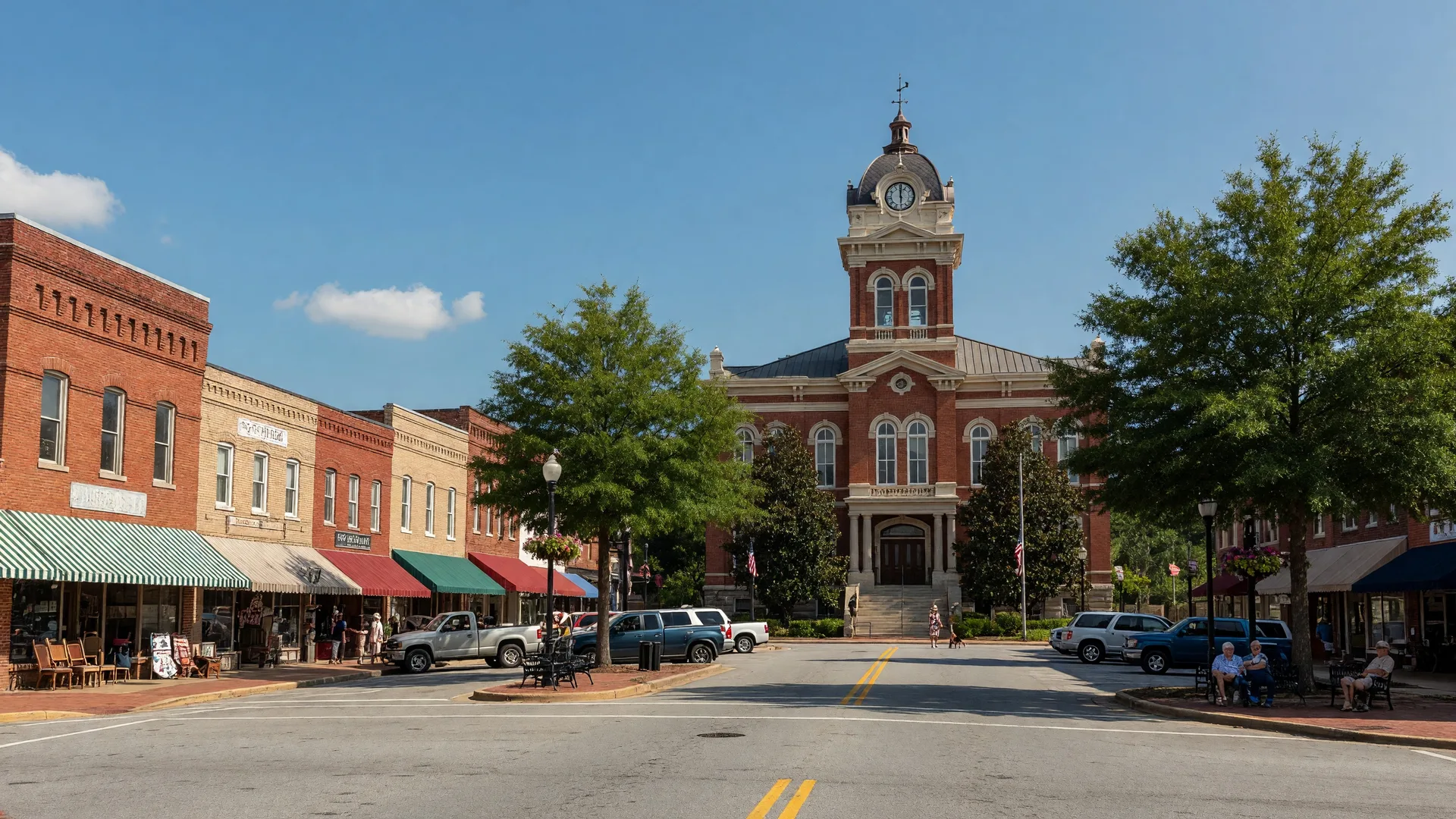 Historic downtown Jonesboro Georgia with a courthouse square and local businesses