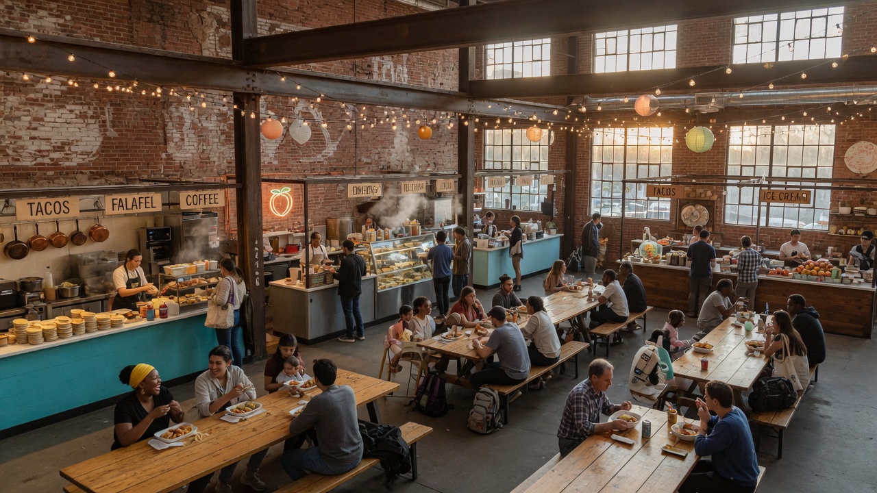 Interior of Ponce City Market food hall in Old Fourth Ward Atlanta, showing artisan food stalls and communal dining