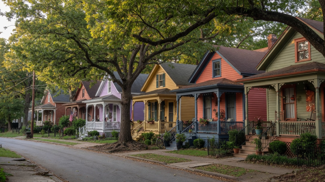 Historic homes in Old Fourth Ward Atlanta, a row of colorful restored Victorian and shotgun-style houses