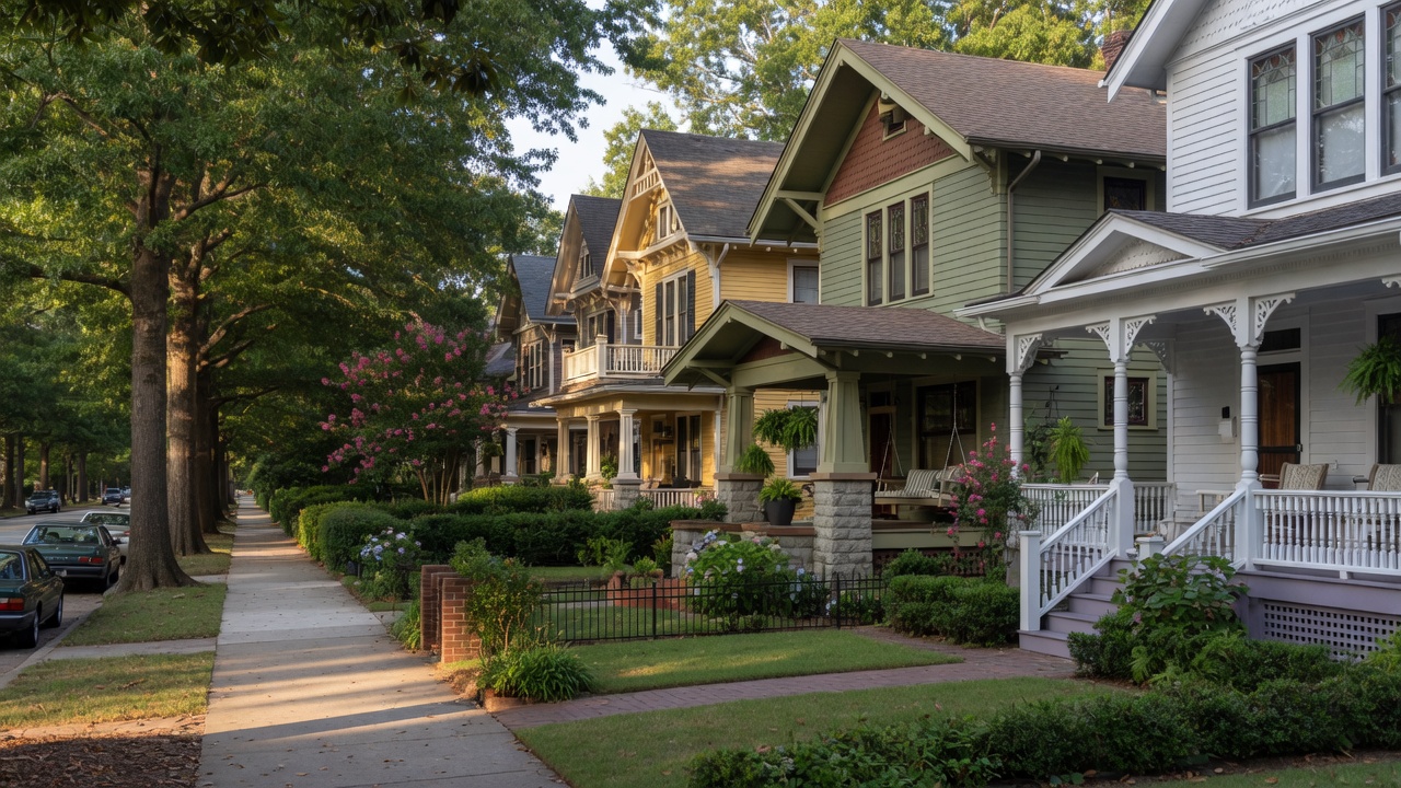 Lush green trees in Grant Park Atlanta with Victorian homes visible along the park edge