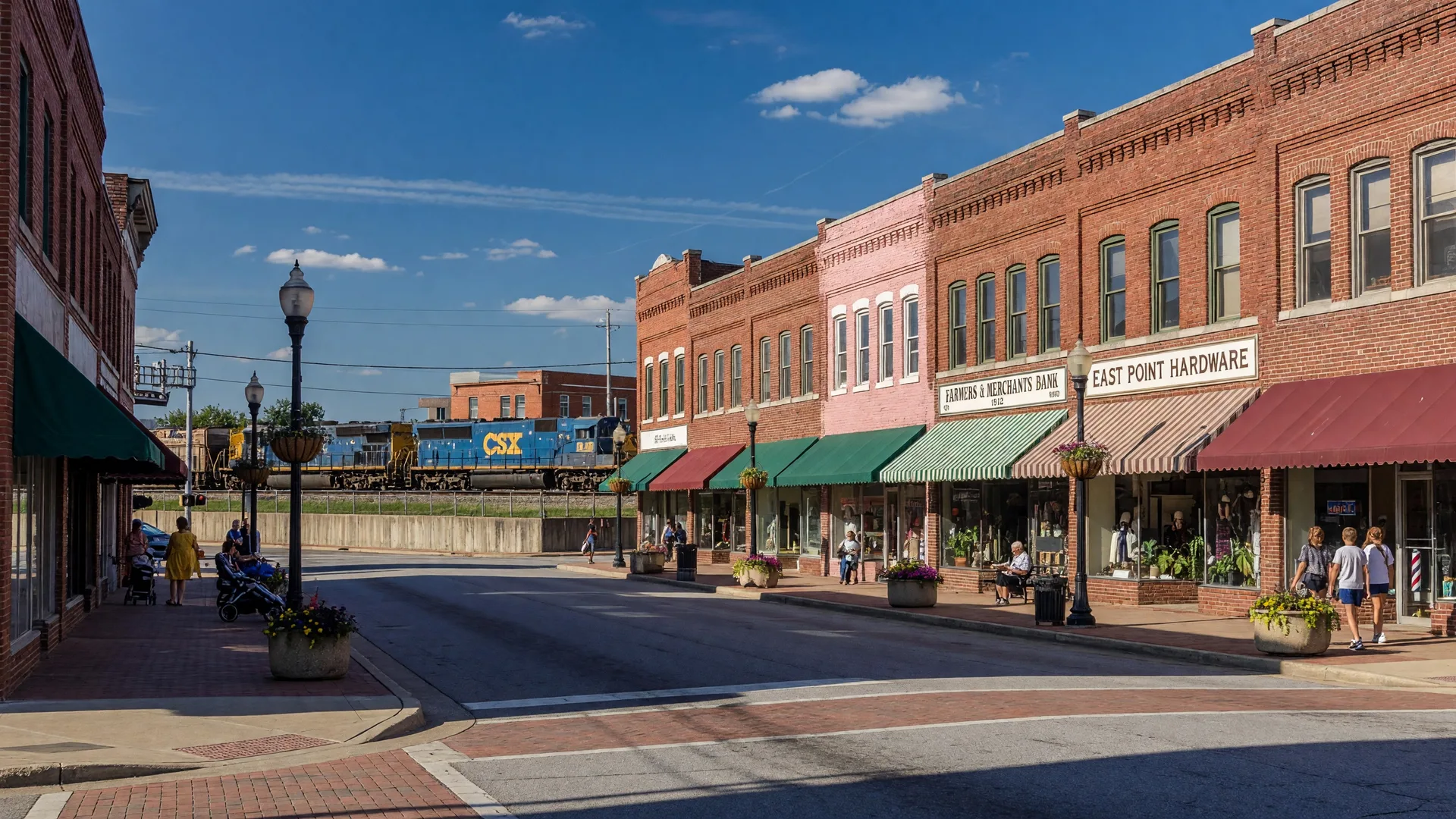 Historic Main Street in East Point Georgia with brick buildings and local shops
