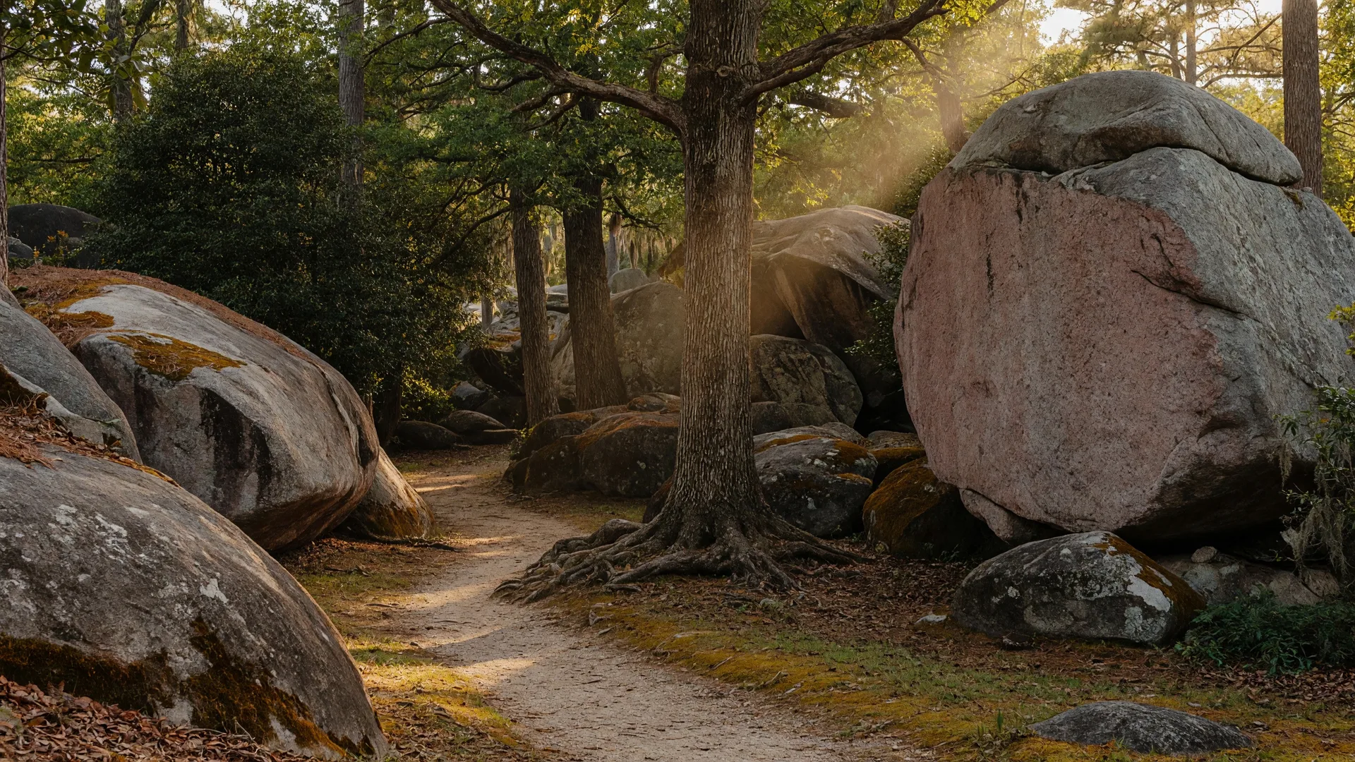 Wooded trail at Sykes Park in East Point Georgia with massive granite boulders and old-growth trees