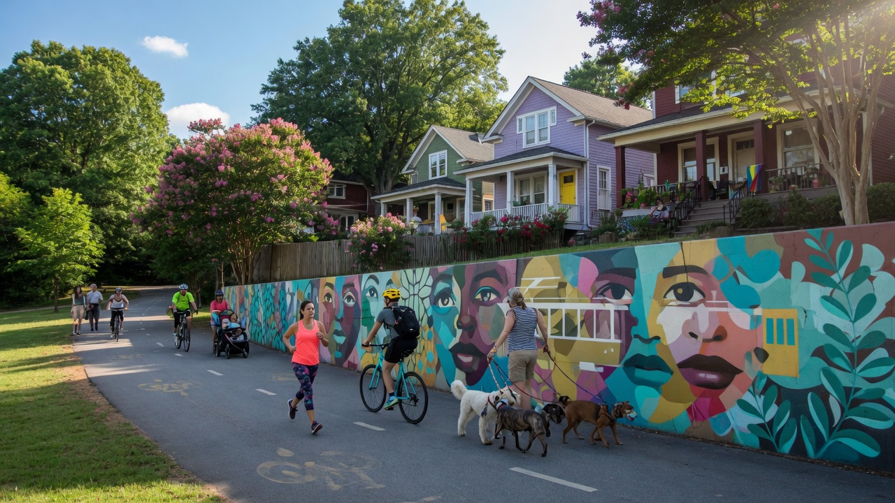 Tree-lined street in Inman Park Atlanta with Victorian and Craftsman homes