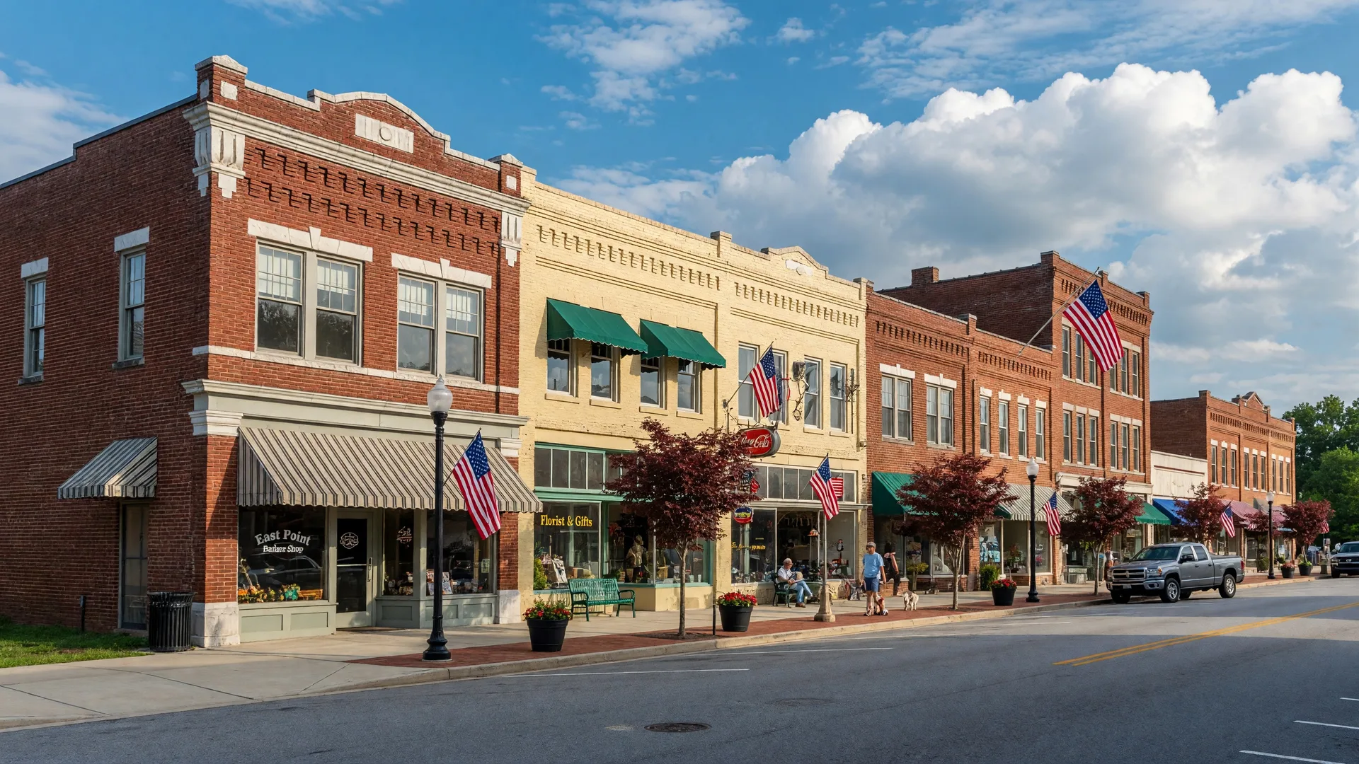 Historic downtown Main Street in East Point Georgia with local shops and businesses