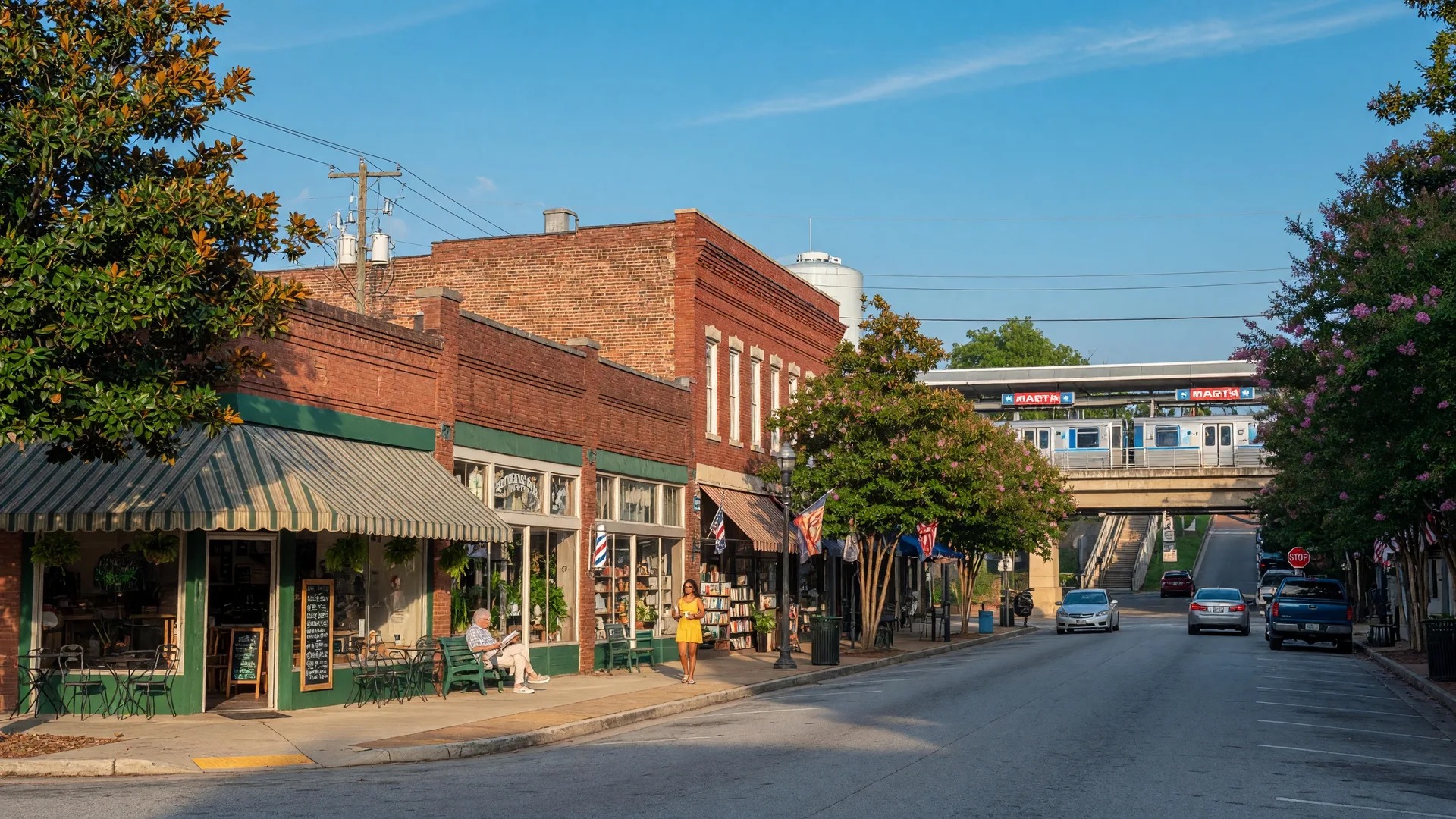 Historic Main Street in College Park Georgia with walkable shops and a MARTA station