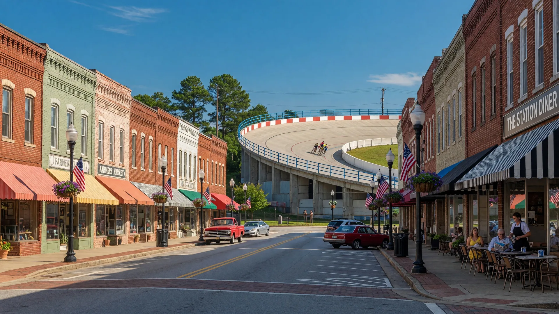 Historic Main Street in East Point Georgia with local restaurants and brick storefronts