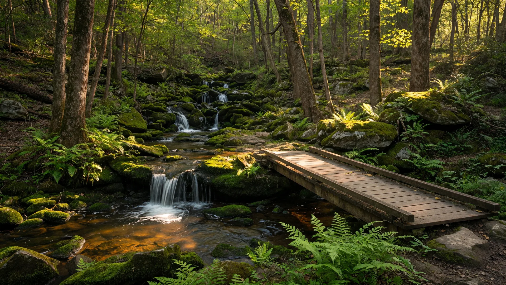 Cascade Springs Nature Preserve in Southwest Atlanta with a stream cascading over mossy rocks in a forest setting