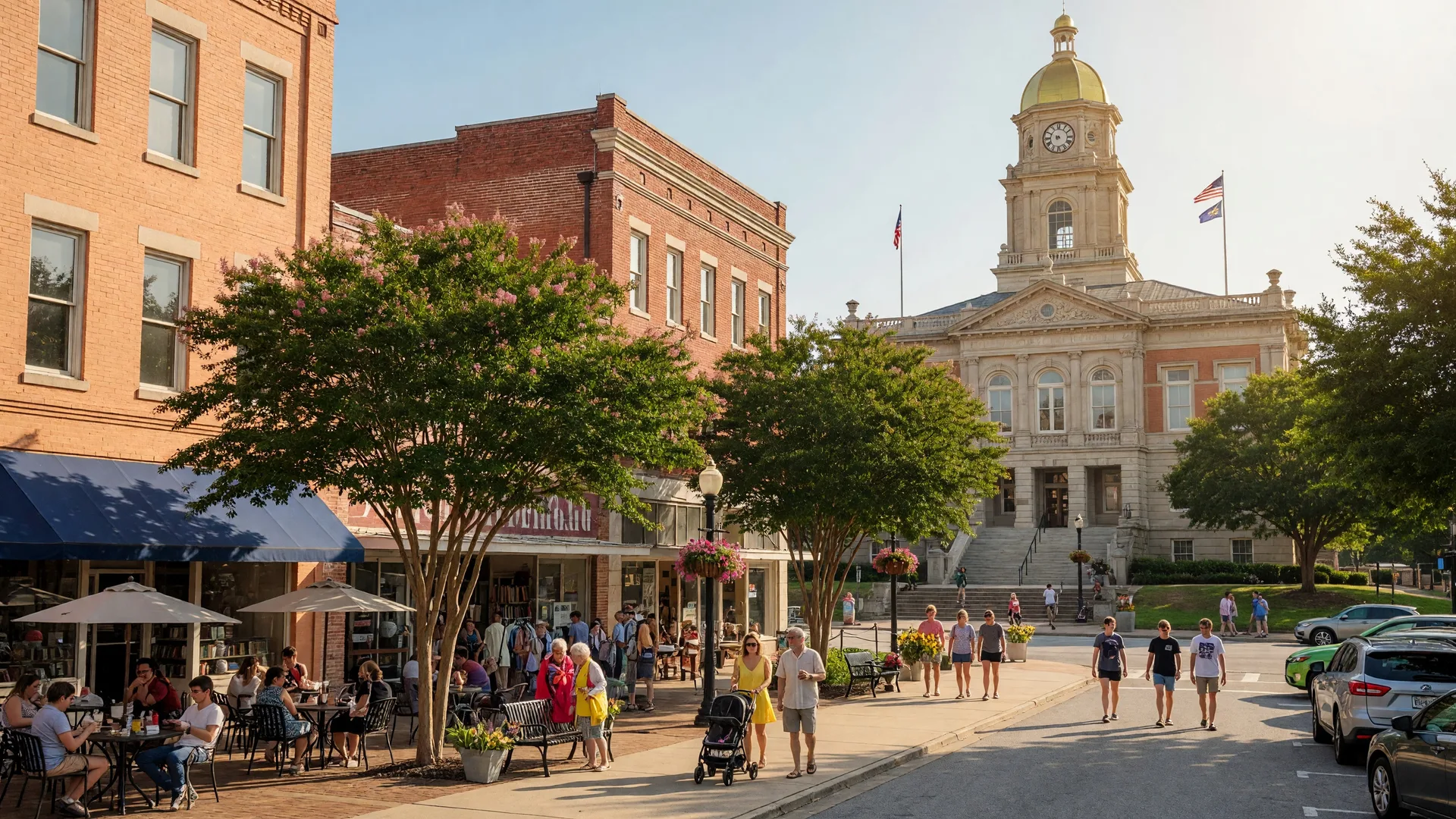 Historic Decatur Square with the old courthouse, local shops, cafes and people walking
