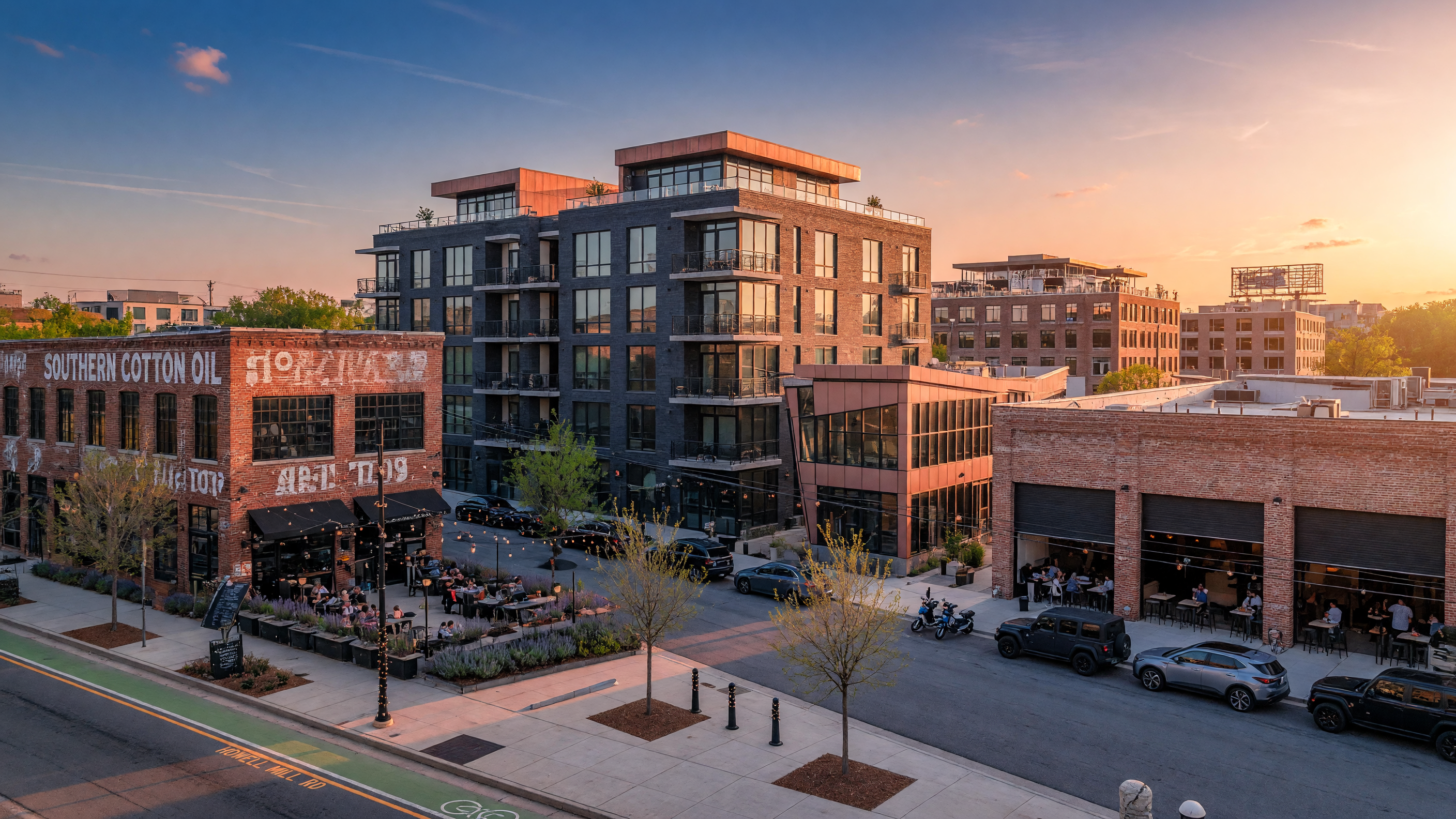 Westside Provisions District in West Midtown Atlanta with boutique shops and restaurant patios