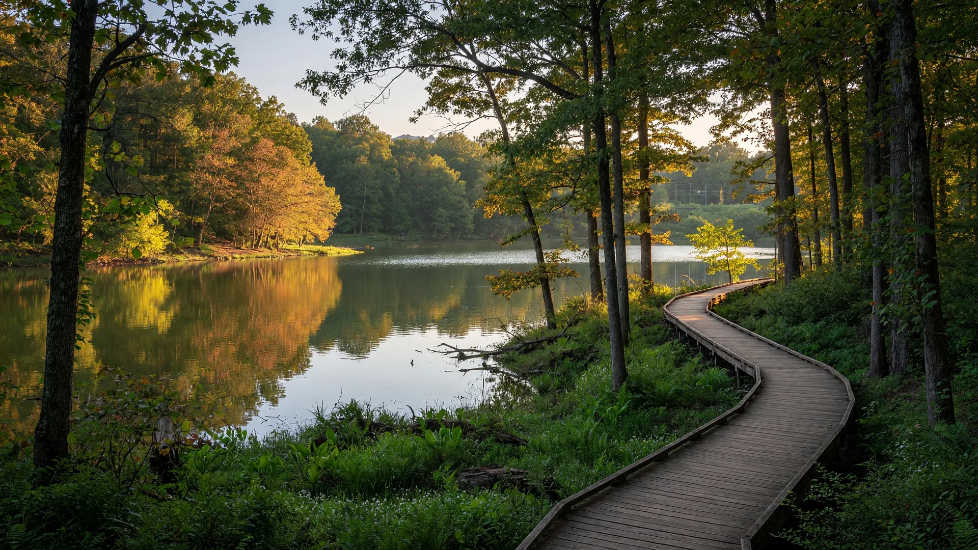 Mason Mill Park in Decatur Georgia with a peaceful lake surrounded by hardwood trees and a wooden boardwalk