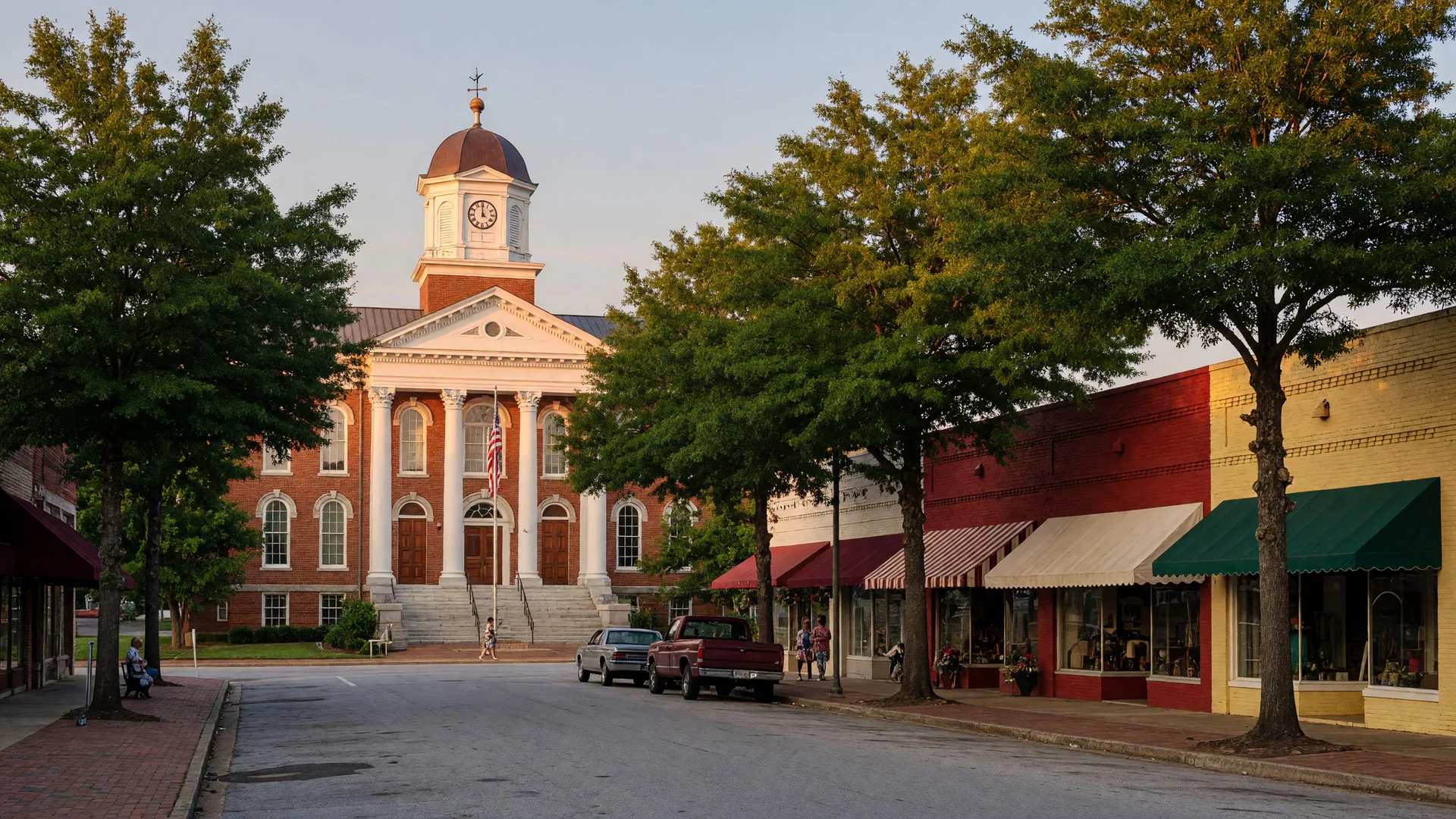 Historic downtown Jonesboro Georgia with classic courthouse and local shops