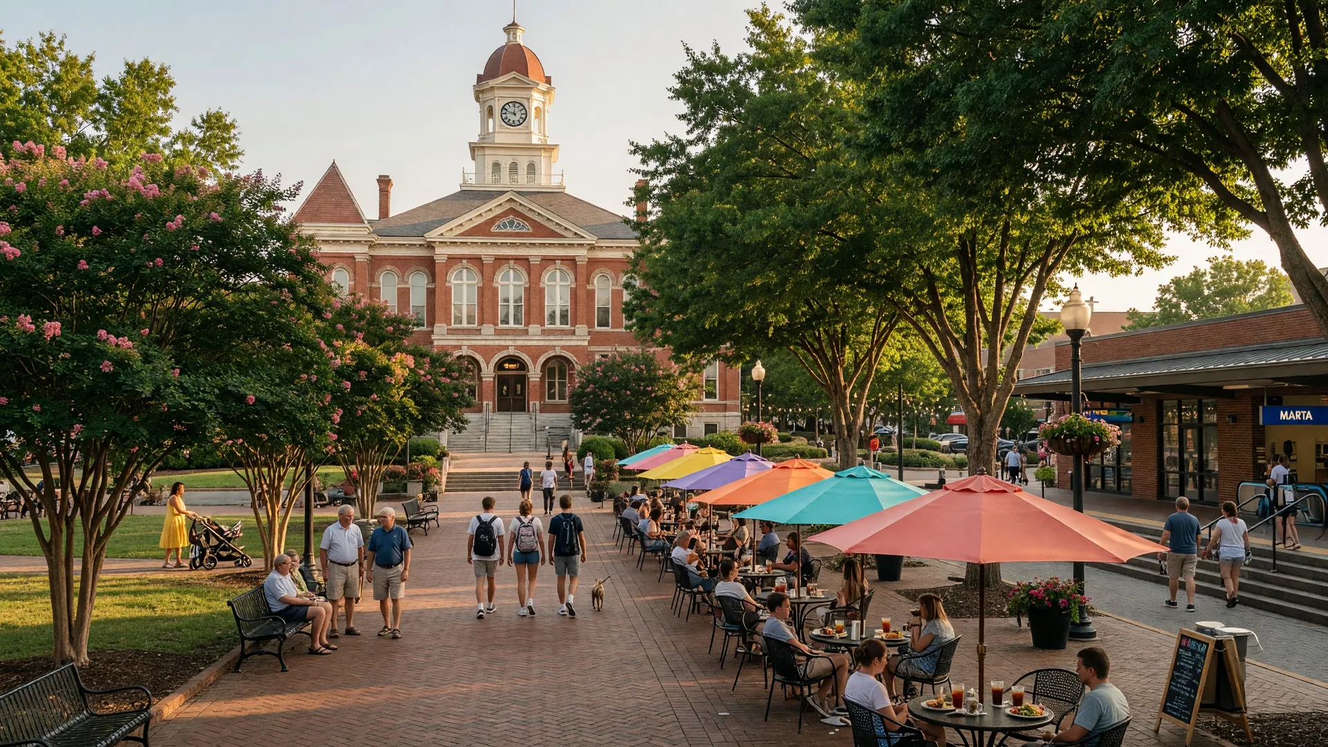 Decatur Square in Georgia with historic courthouse and outdoor dining