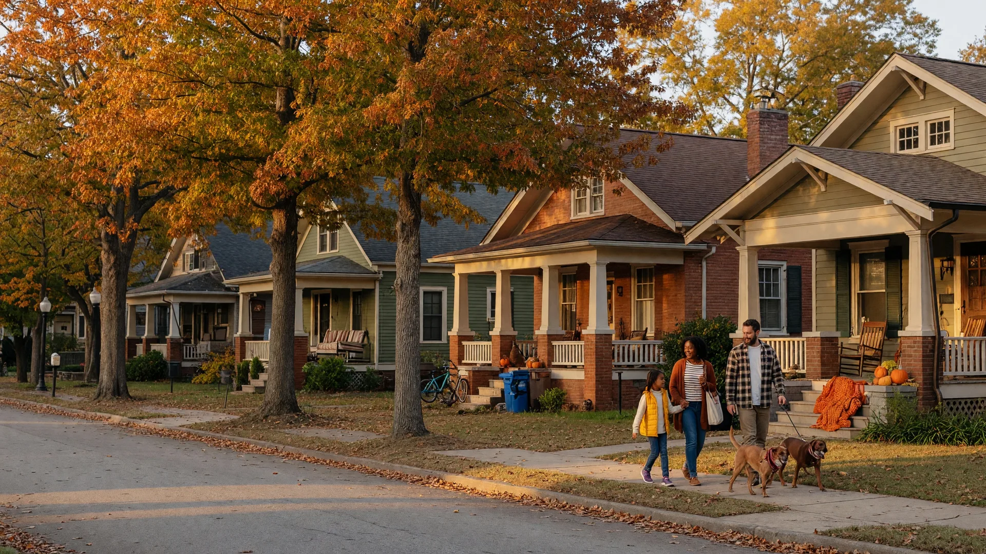 Tree-lined residential street with historic Craftsman bungalows and fall colors in Decatur Georgia