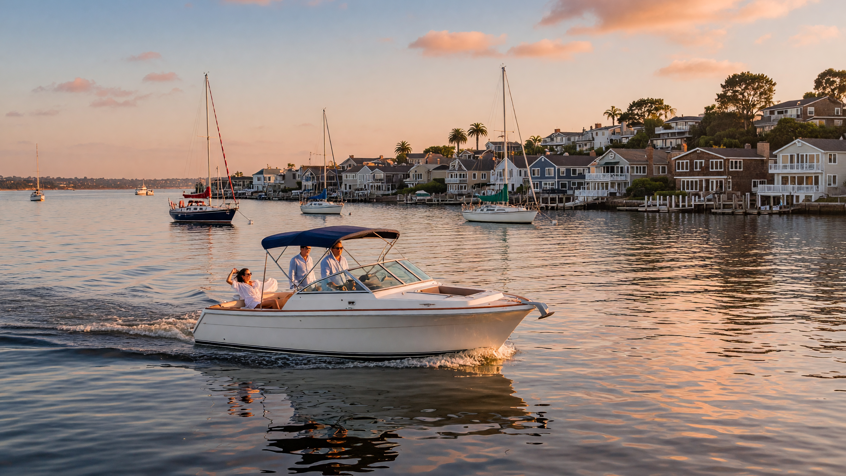 Recreational boat cruising across calm bay waters near the Eastern Shore coast