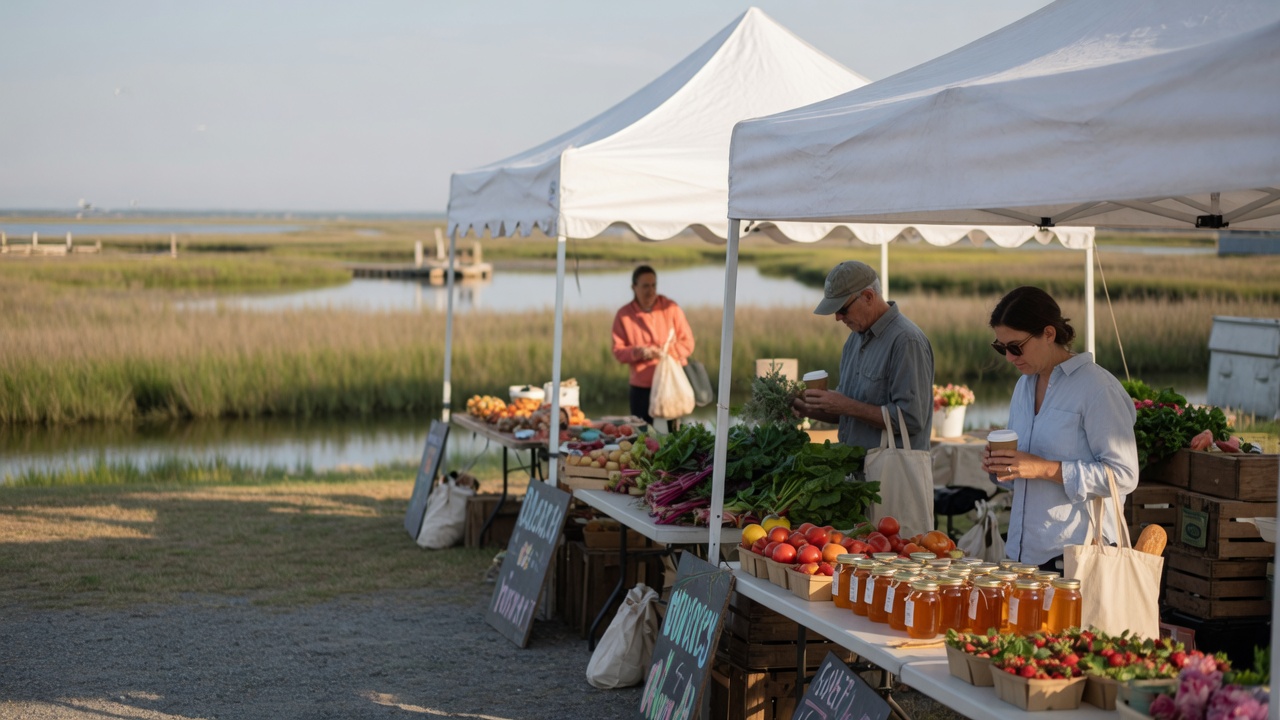 Coastal farmers market scene with fresh produce and morning light