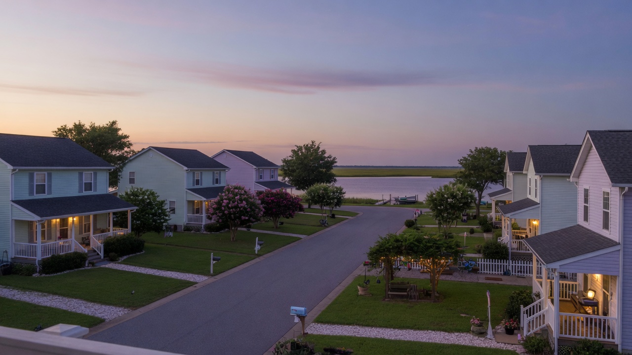Coastal residential neighborhood near Assawoman Bay at twilight