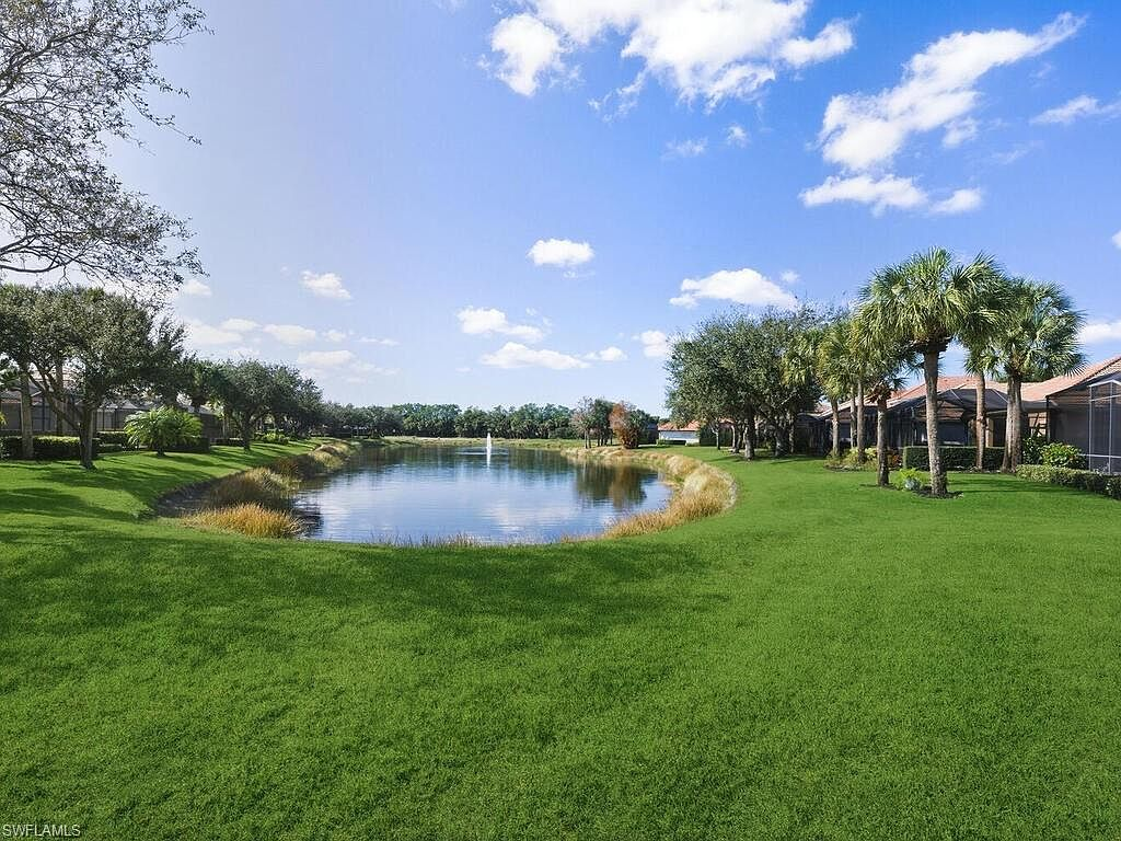Lake view with fountain, palm trees, and blue sky