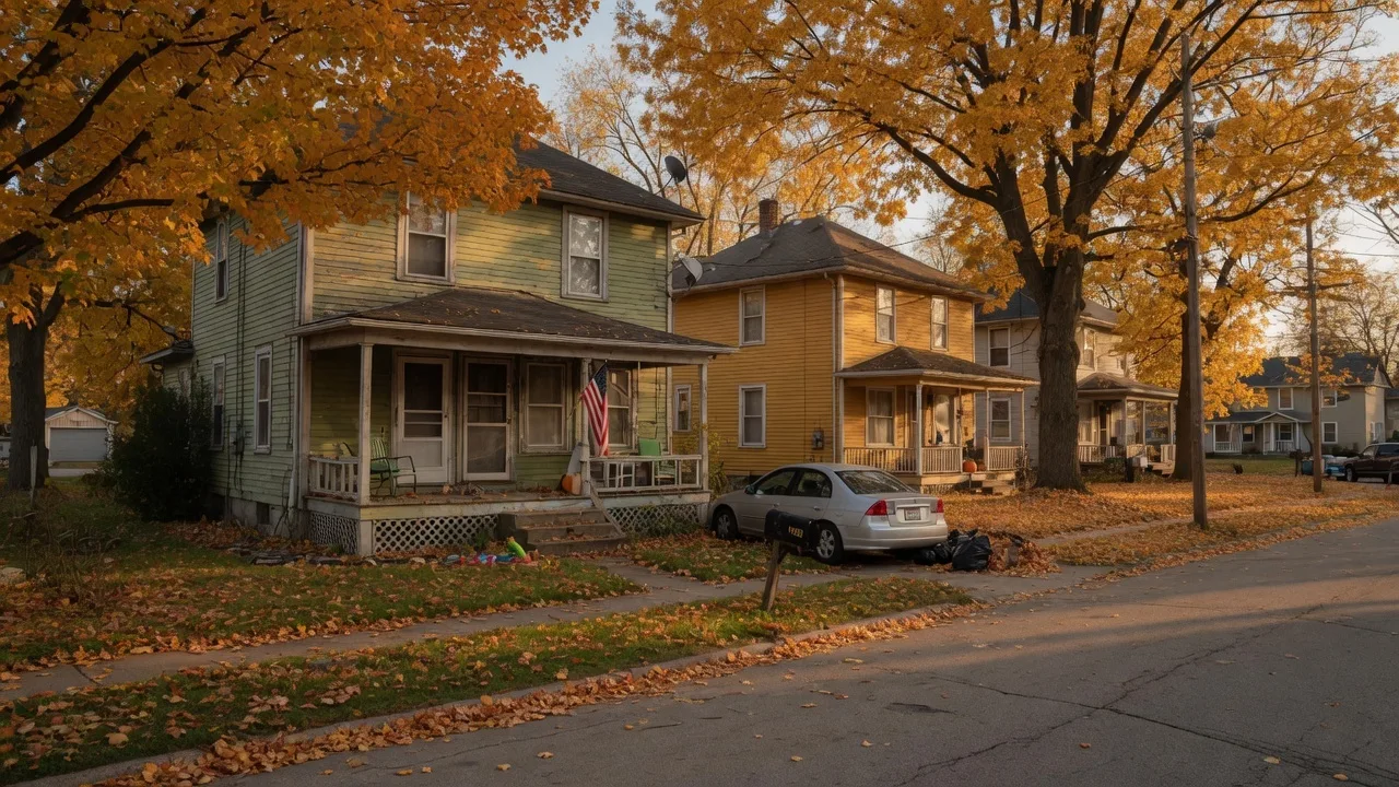 A residential street in a Northeast Ohio neighborhood with mature trees and homes of varying conditions