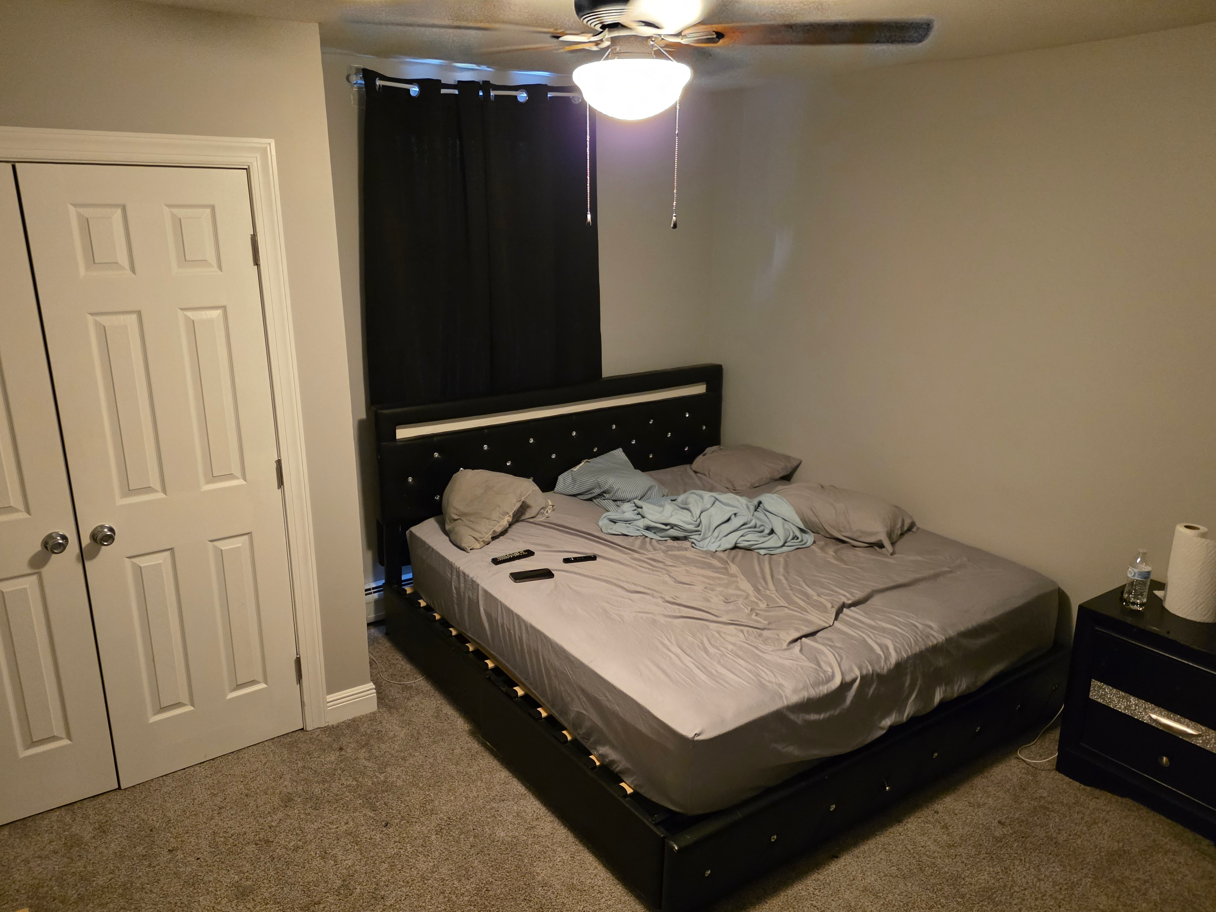 Primary bedroom with carpeted floors and ceiling fan